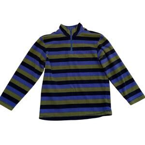 Hanna Andersson Striped Fleece 1/4 Zip, Khaki Green, Blue Black, 130/Size 8